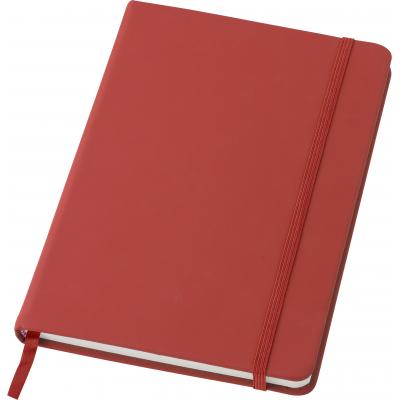 Image of PU notebook, approximately A5. With 96 blank pages, an elastic strap for closing and a ribbon bookmark.