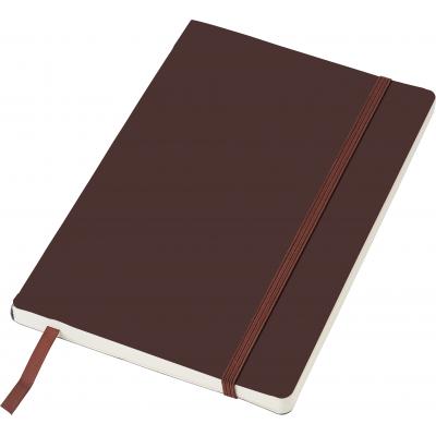 Image of PU soft cover notebook, approximately A5. With 80 ruled pages, an elastic strap over the cover, a ribbon bookmark and a pocket on the inside of the cover.