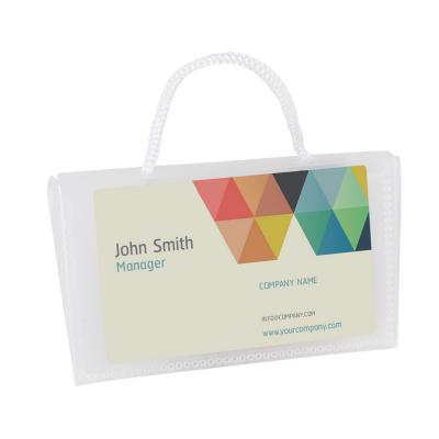 Image of Mini clear recyclable polypropylene bag  with drawstrings and one window for a business card.